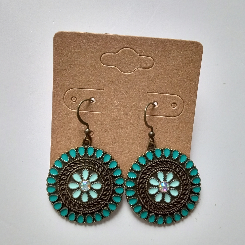 Fashion Jewelry Circle Turquoise Flower Earrings - Picture 3 of 4